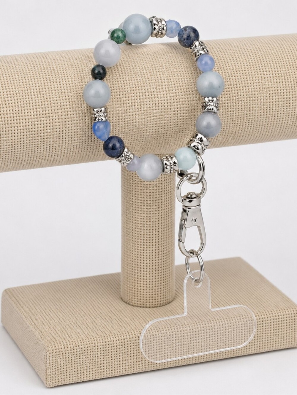 6" Blue Beaded Crystal Phone Lanyard Wristlet Bracelet Silver Clasp